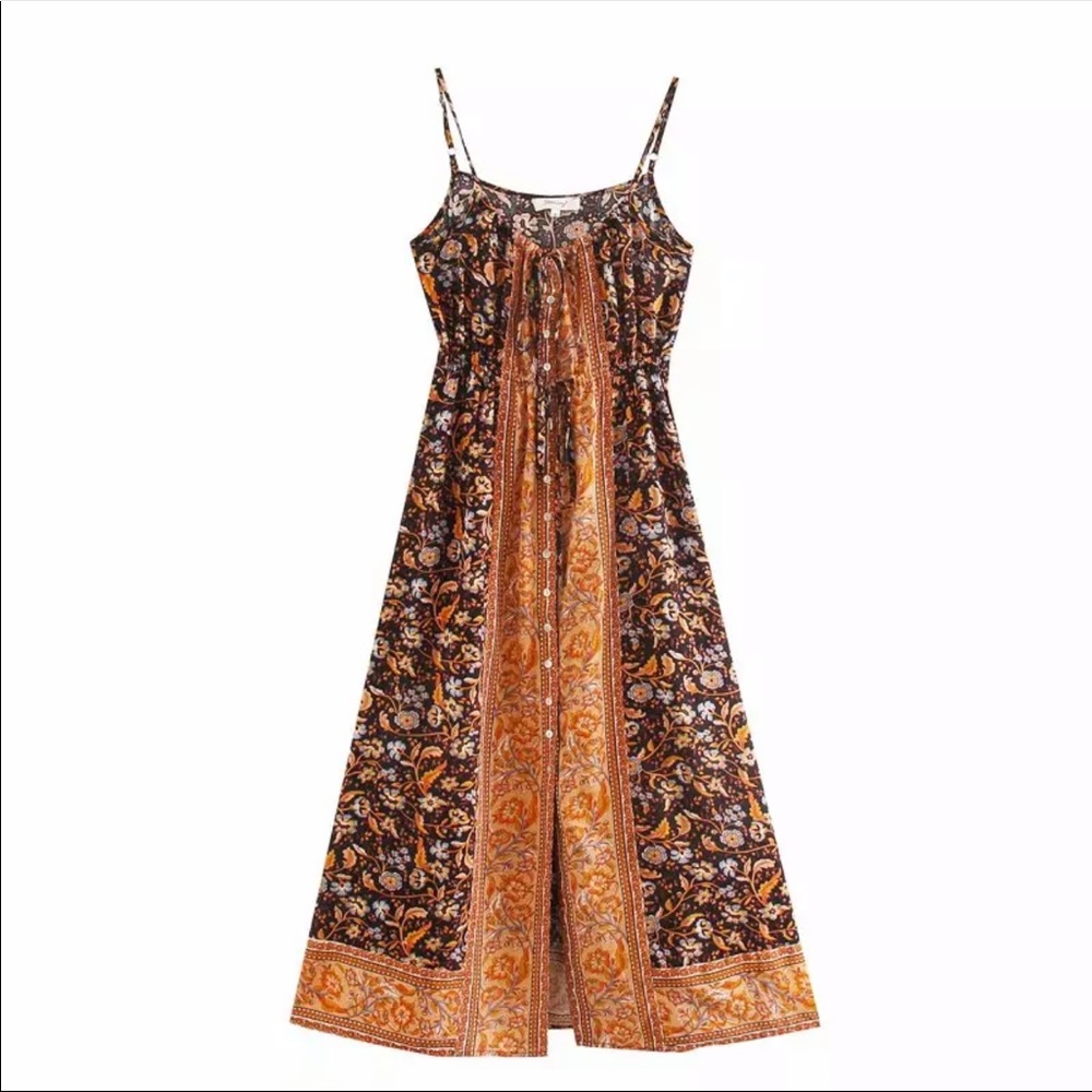 Gypsy Boho Floral ButtonUp Midi Dress Black Orange - Picture 7 of 8